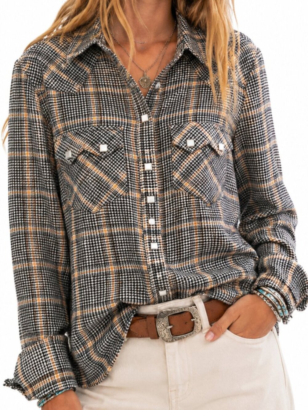 WE THE FREE (Free People) Houndstooth Plaid Western Snap Front Shirt Sz XS EUC